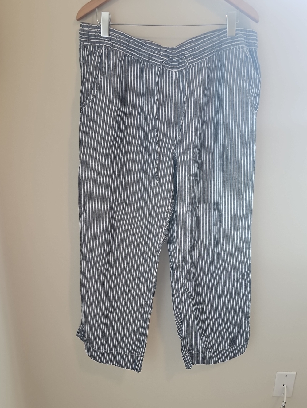 Old Navy Linen Blend Striped Drawstring Pants Womens Size L Blue White Beachy